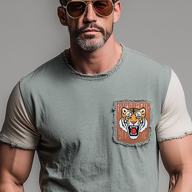 Men's Fashion Casual Cotton Blended Tiger Patch Embroidered Raw Edge Slim Fit Short Sleeve T-shirt MTA1521G6K
