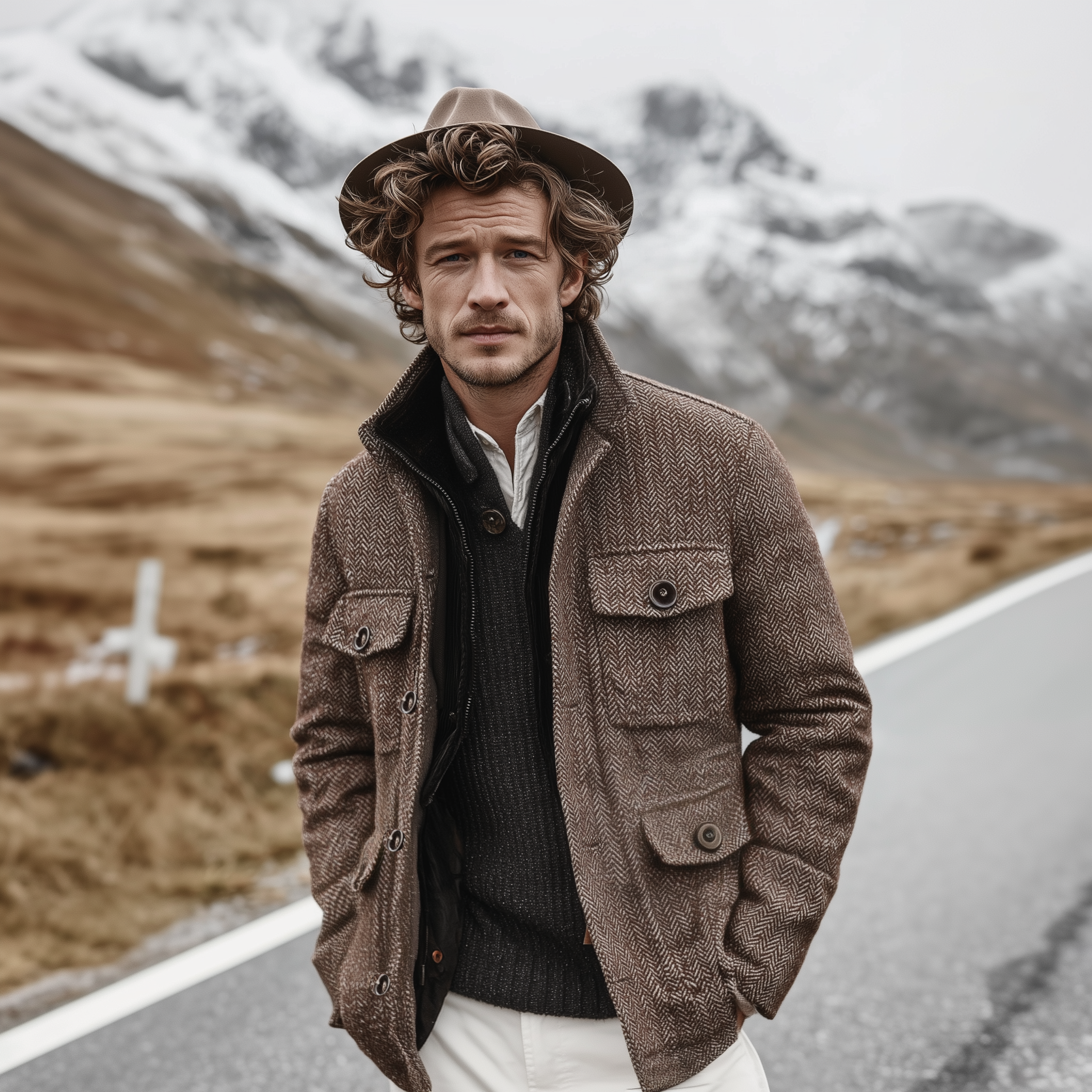 Men's Classic Casual Stand-up Collar Multi-pocket Faux Herringbone Woolen Jacket MTA1618J9K