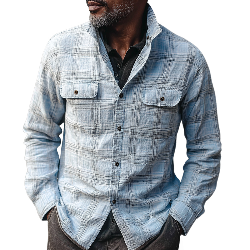 Men's Plaid Lapel Chest Pockets Long Sleeve Casual Shirt MTA1899H2Z