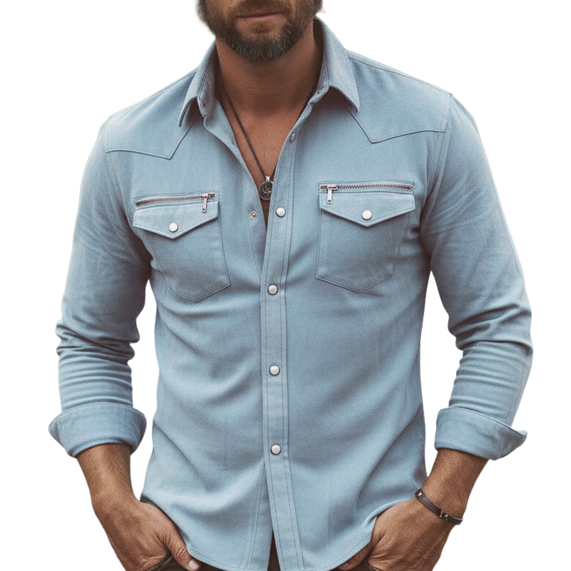 Men's Elegant Light Blue Faux Suede Snap-button Long-sleeved Shirt MTZ0943A7U