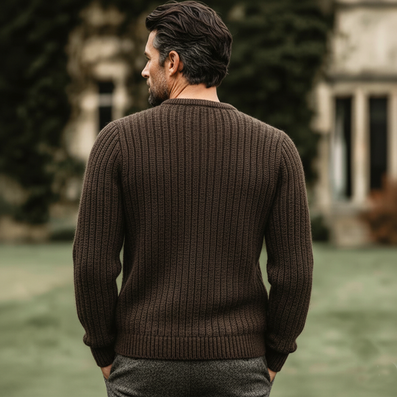 Men's Vintage Brown Three-button Henley Neck Striped Knitted Sweater MTA0844L1U