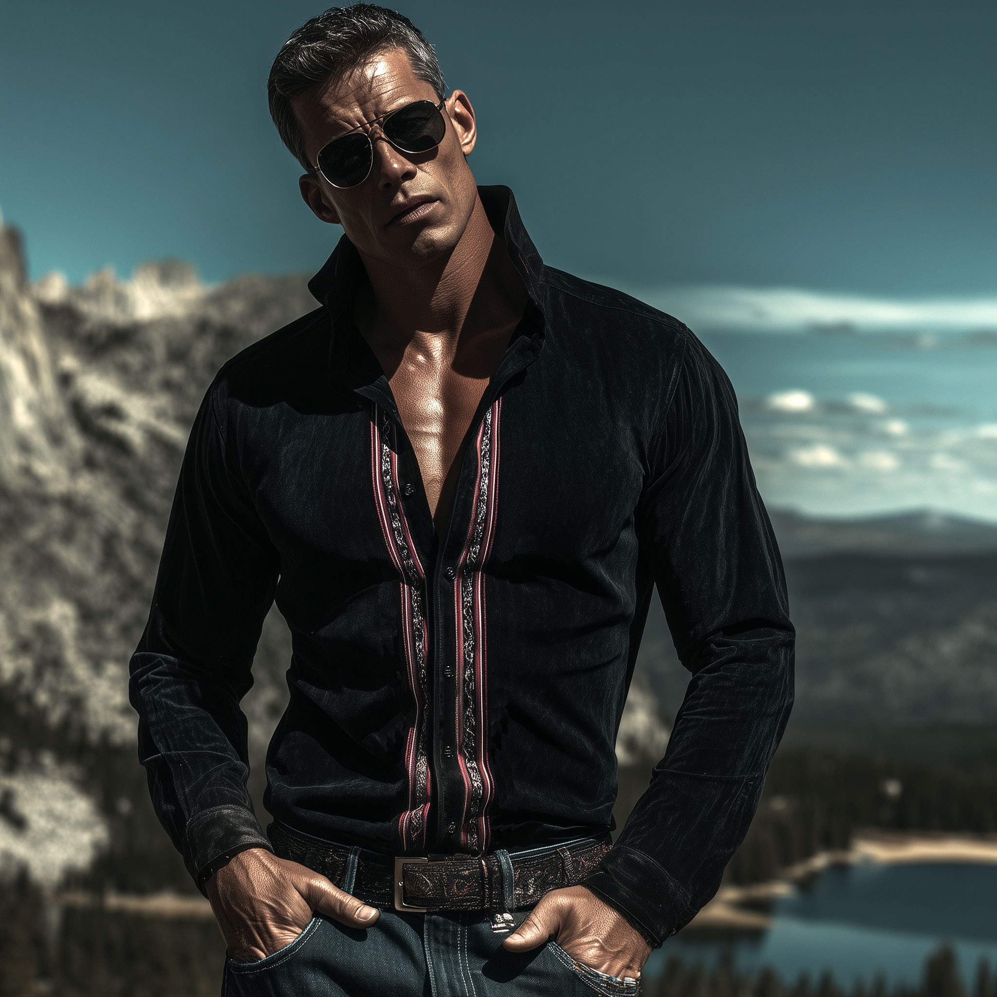 Men's Classic Vintage Western-style Stand-collar Embroidered Faux Suede Slim-fit Long-sleeved Shirt MTA1502L4K