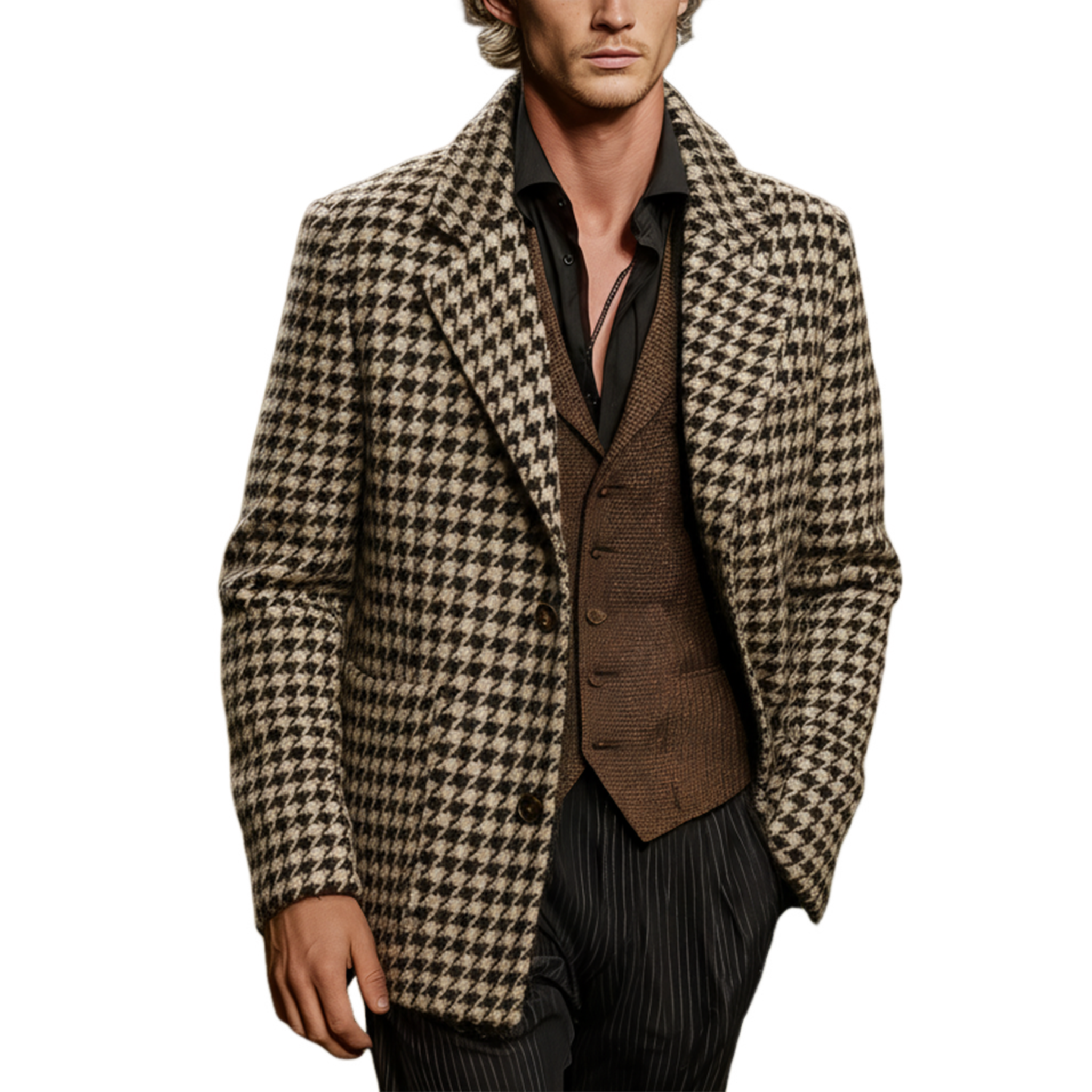 Men's Classic Business Casual Faux Houndstooth Wool Single-breasted Coat MTA3040J1K