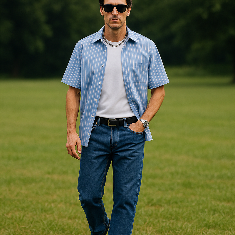 Men's Summer Fashion Striped Cotton And Linen Short Sleeve Shirt MTA0577G6P