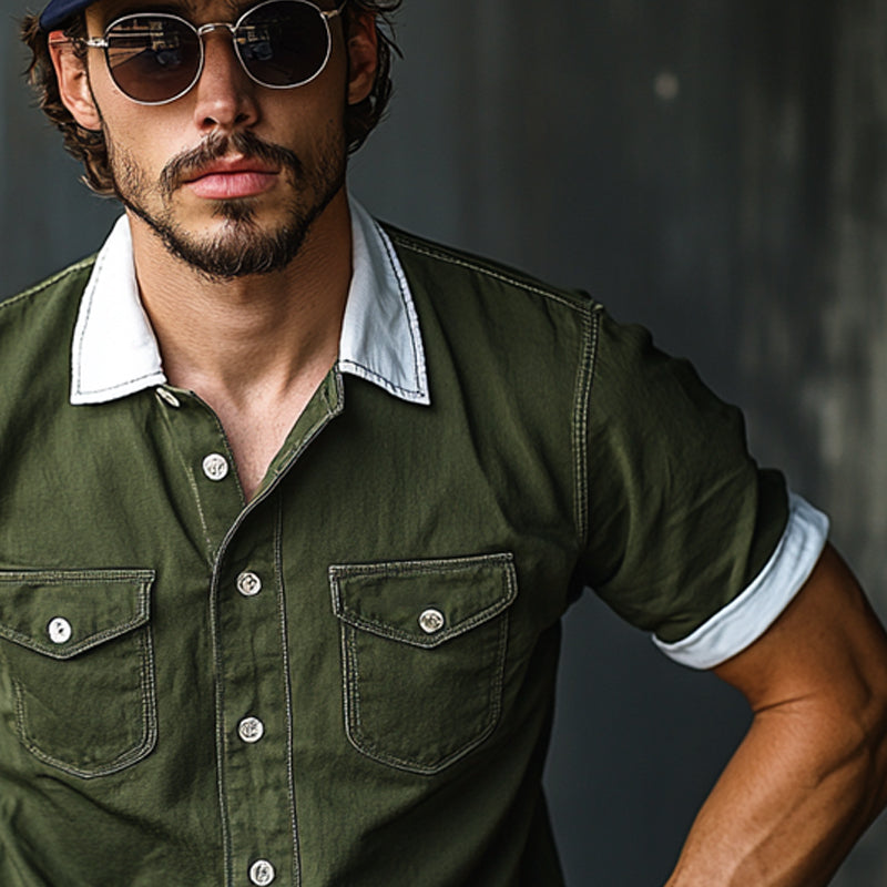 Men's Cotton Lapel Multi-Pocket Short Sleeve Shirt MTA0322F7X