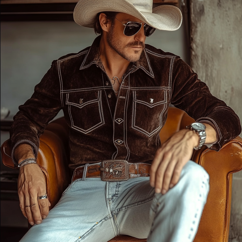 Men's Vintage Western Style Velvet Lapel Long Sleeve Shirt MTA1140J6X