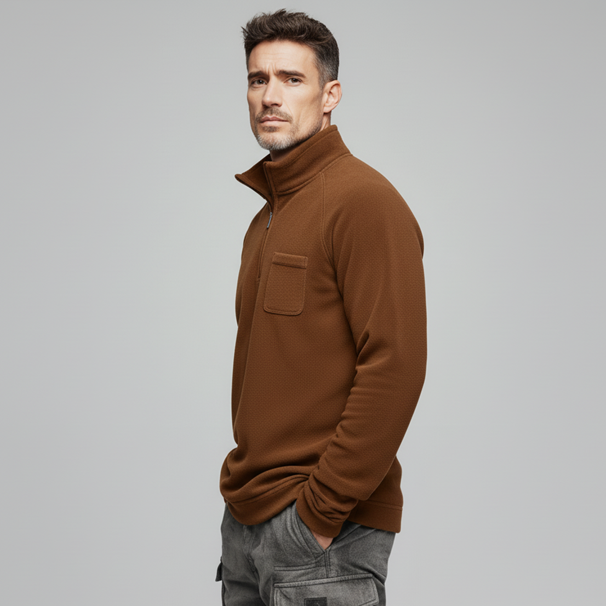 Men's Classic Casual Western Tough Style Dralon Warm Skin-friendly Stand Collar Zipper Sweatshirt MTA2193J7K