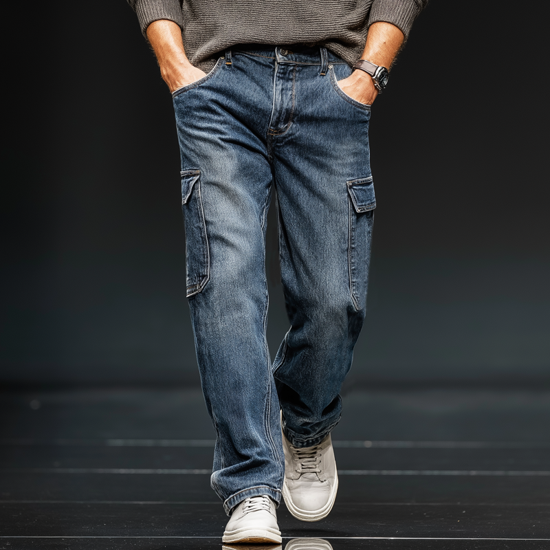 Men's Classic Straight-leg Dark Blue Multi-pocket Jeans MTA2493J3U