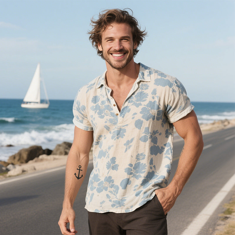 Men's Vintage Casual Floral Print Cotton Lapel Short Sleeve Shirt MTA2196E7TO