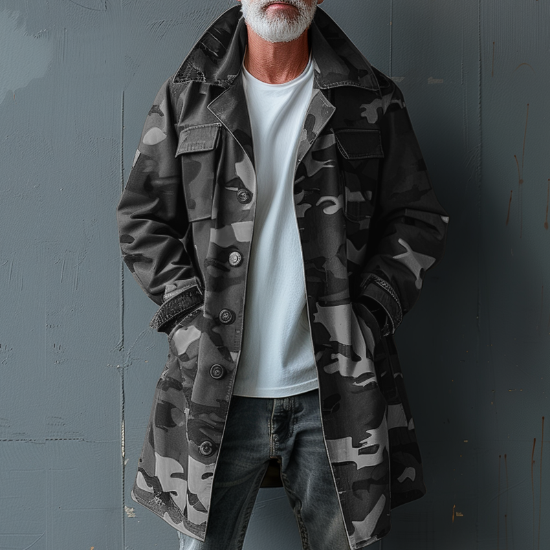 Gabardina de camuflaje para hombre, de largo medio, con solapa y bolsillo en el pecho, de botonadura sencilla, 74550095Z