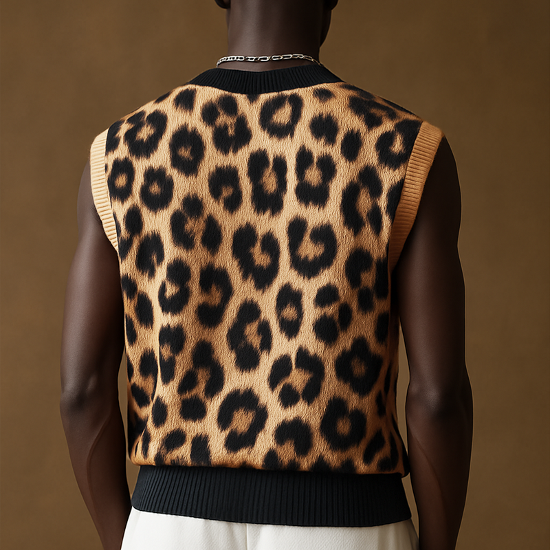 Men's Summer Deep V Neck Leopard Knitted Tank Top MTA0491F8U