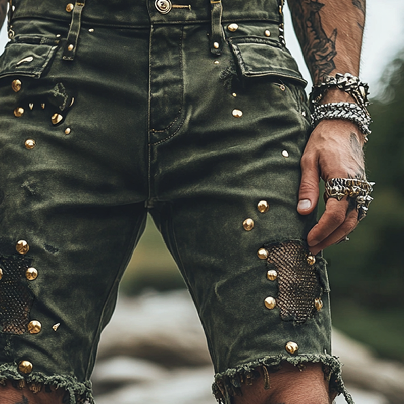 Gotisk vintage gullmetallnagledekor for menn, nettinghull, denimshorts MTA1064D3Z