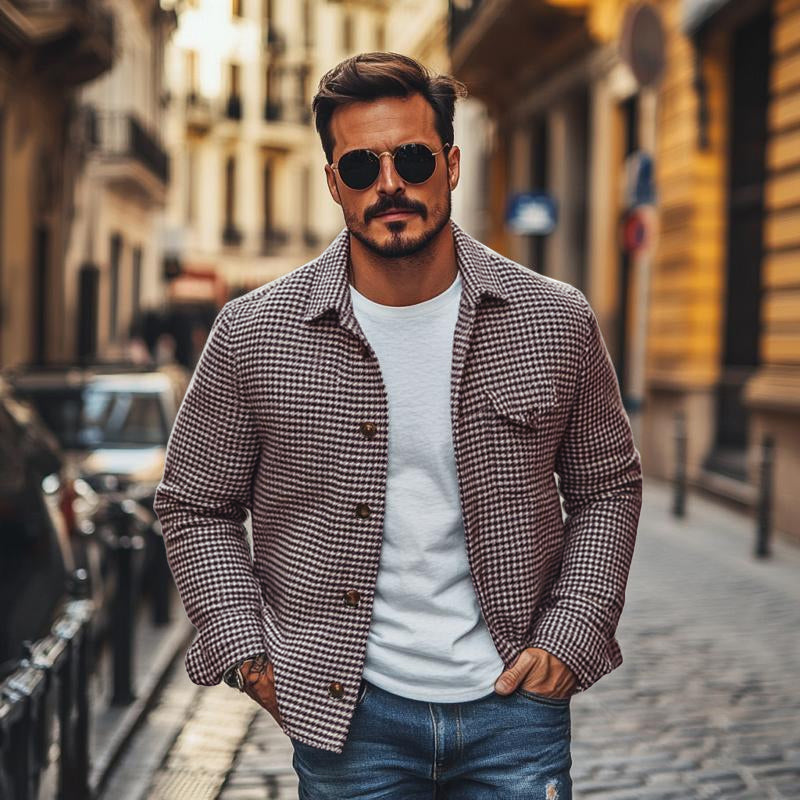 Chaqueta estilo camisa de hombre con solapa de pata de gallo y botonadura sencilla, estilo vintage, 85588306M
