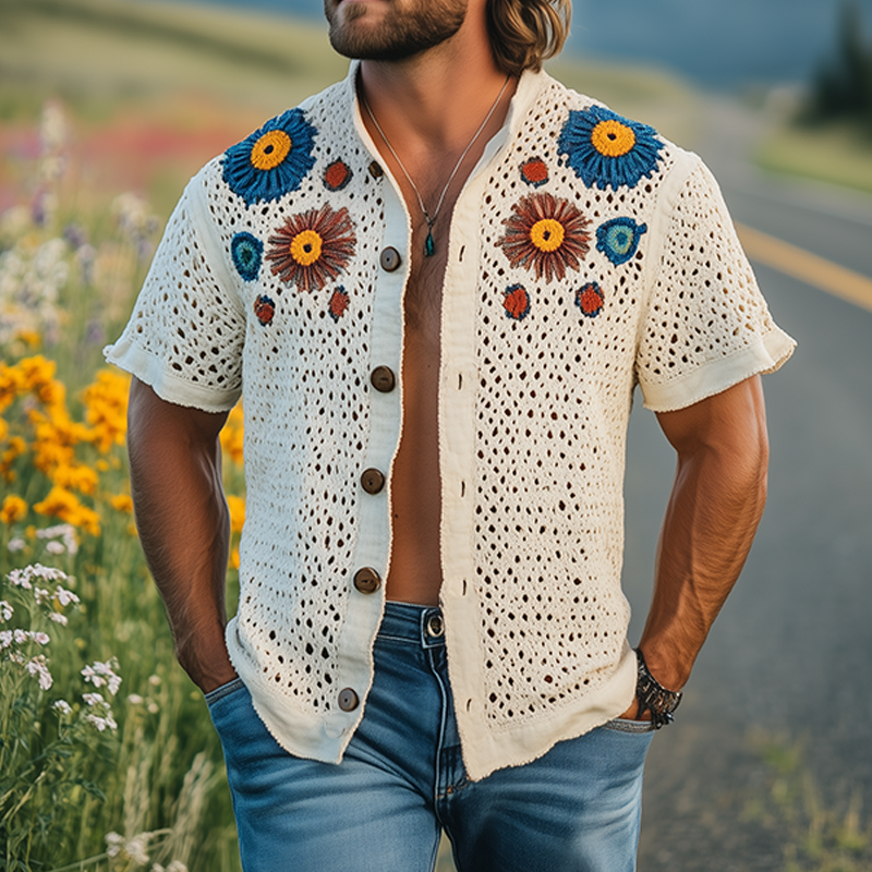 Men's Summer Fashion Casual Hollow Crochet Flower Stand Collar Knitted Short-sleeved Shirt MTA2798F1K
