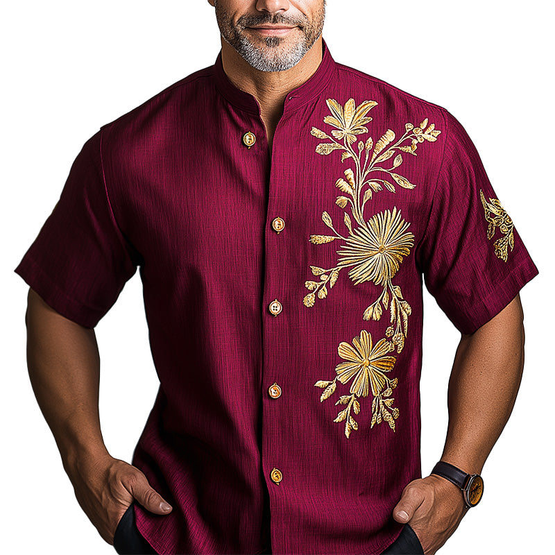 Men's Summer Fashion Floral Embroidery Cotton Short Sleeve Round Neck Shirt MTA1509E3P