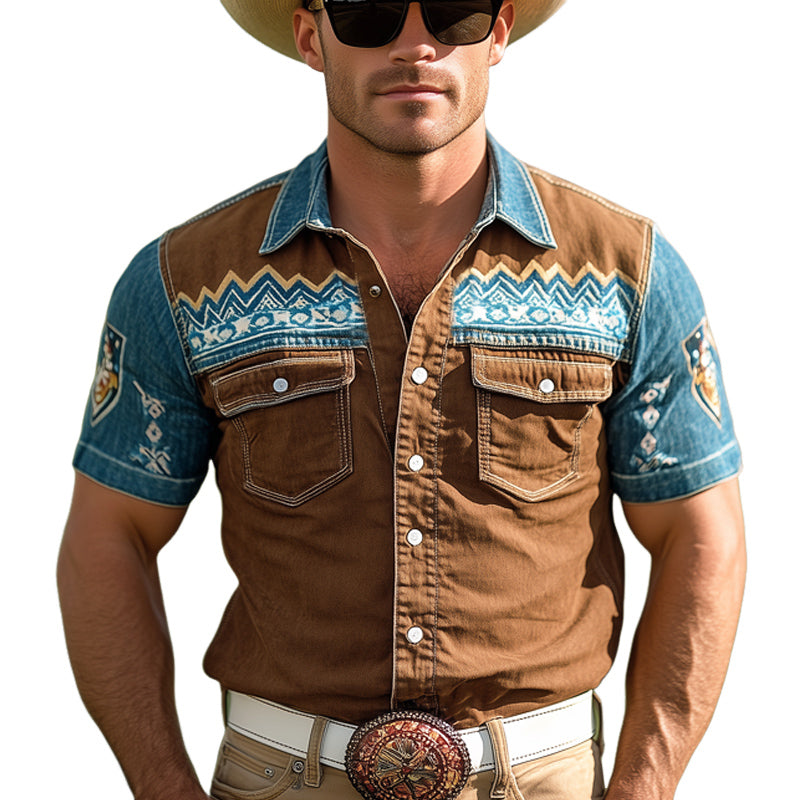 Men's Western Cowboy Style Vintage Printed Snap Button Denim Short Sleeve Shirt MTA1291E3U