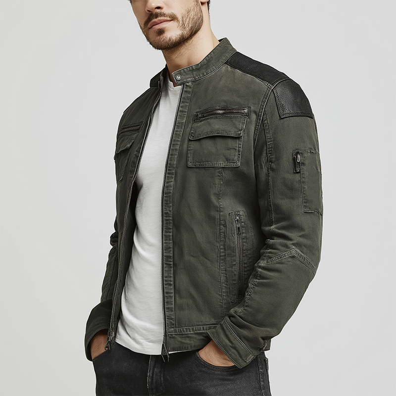 Men's Winter Vintage Washed Denim PU Patch Bomber Jacket MTA2071J5P