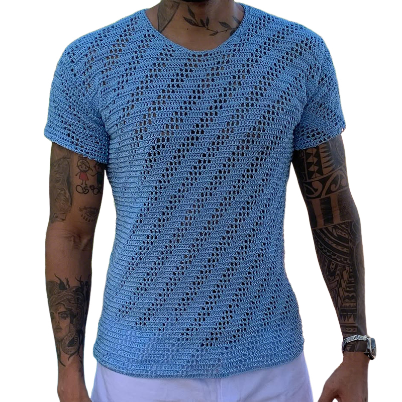 Men's Retro Casual Solid Color Knitted Round Neck Short Sleeve T-Shirt MTA2085E8TO