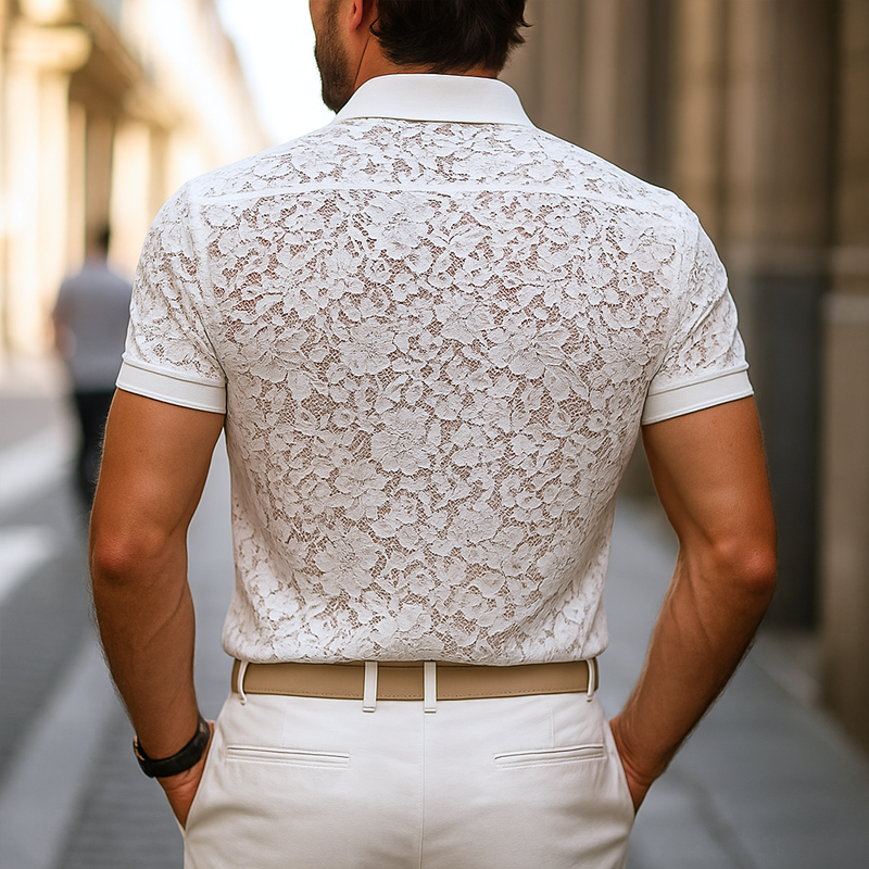 Men's Solid Lace Lapel Short Sleeve Shirt MTA2937E3Z