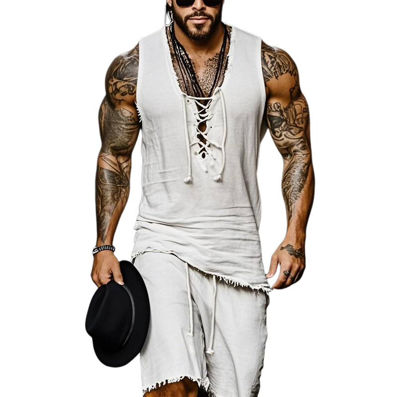 Men'S Fashion Cotton And Linen Lace-Up V Neck Sleeveless Tank Top Elastic Waist Shorts Set MTA0889E5Z