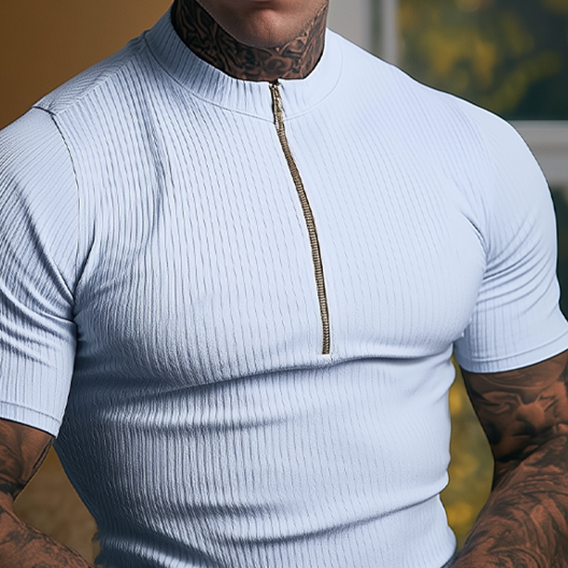 Men's Slim Fit Knitted Half-zip Pullover Short-sleeved Shirt MTA1785G8X