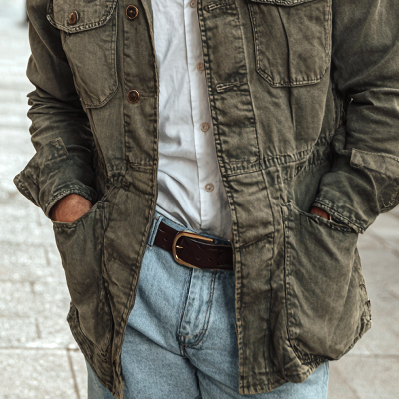 Men's Washed Distressed Military Style Lapel Multi-pocket Single Breasted Jacket MTA0547I1Z