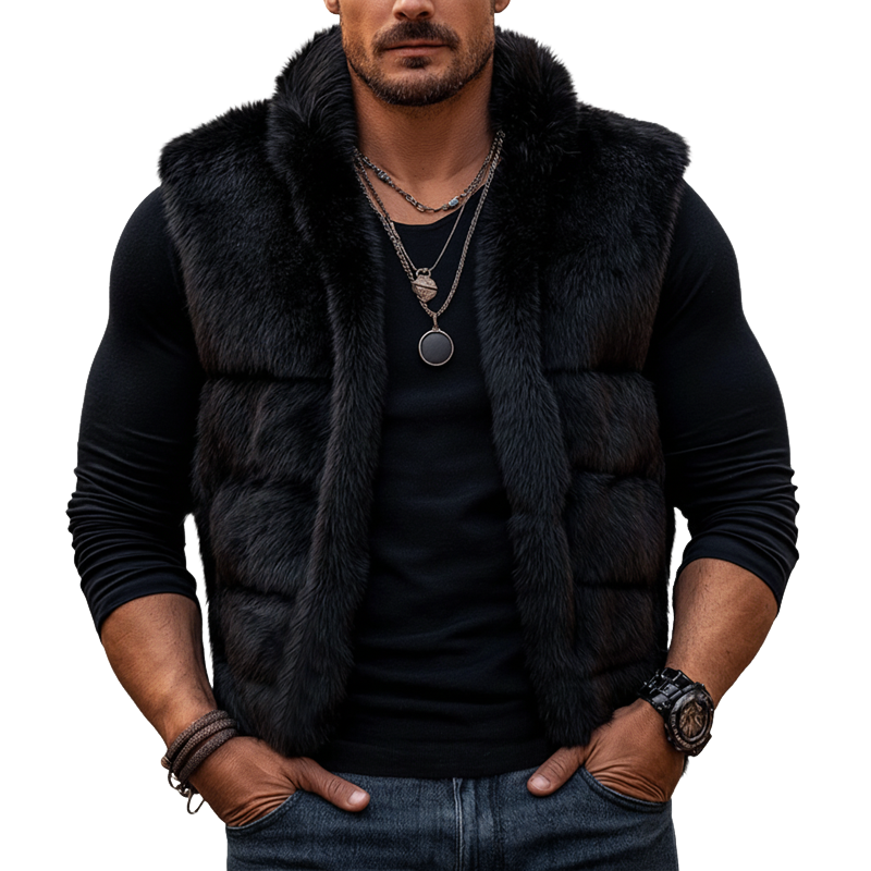 Men's Midnight Black Plush Luxe Faux Fur Vest MTA0713K7U