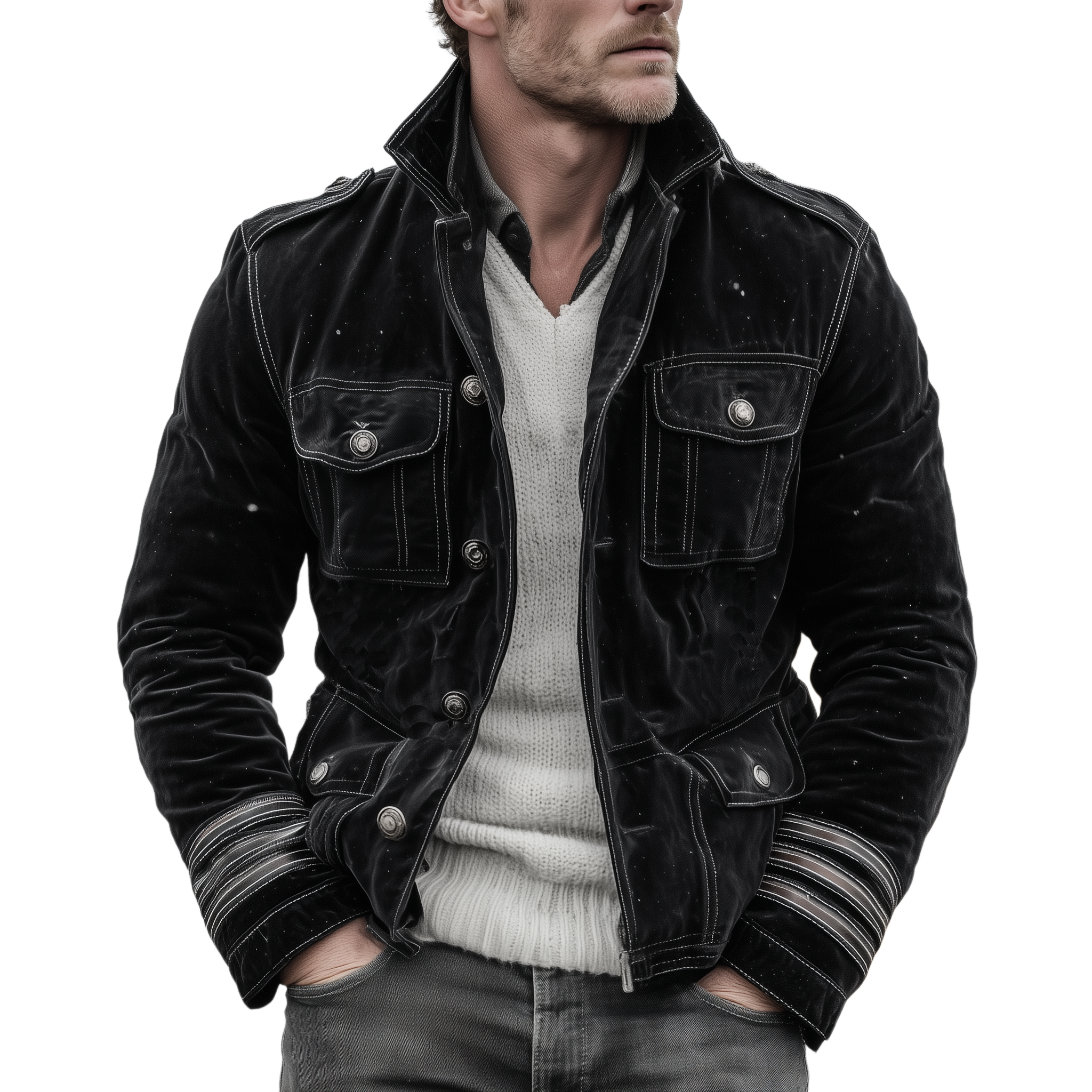 Men's Classic Retro Western Style Stand-up Collar Multi-pocket Faux Velvet Jacket MTA1400K4K