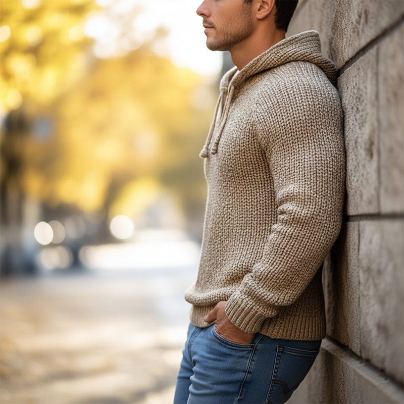 Men's Classic Oatmeal Color Chunky Knit Slim Fit Hoodie