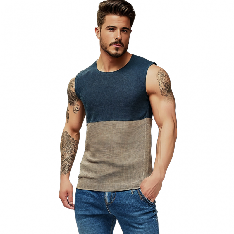 Men's Casual Round Neck Contrast Color Slim Fit Knitted Tank Top MTA1590E6M