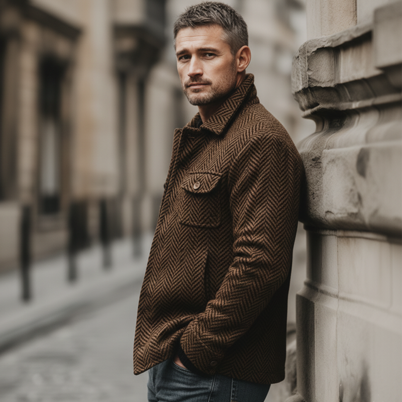 Men's Retro Brown Classic Herringbone Lapel Faux Wool Jacket MTA3171J1U