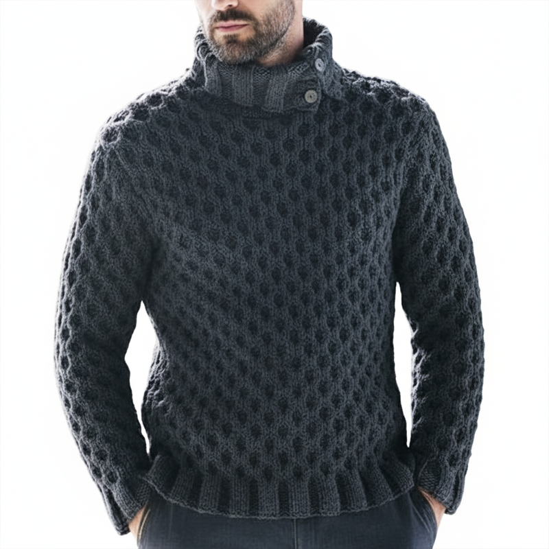 Men's Retro Round Hole Textured Stand Collar Slim Fit Knit Sweater MTA1144K9U
