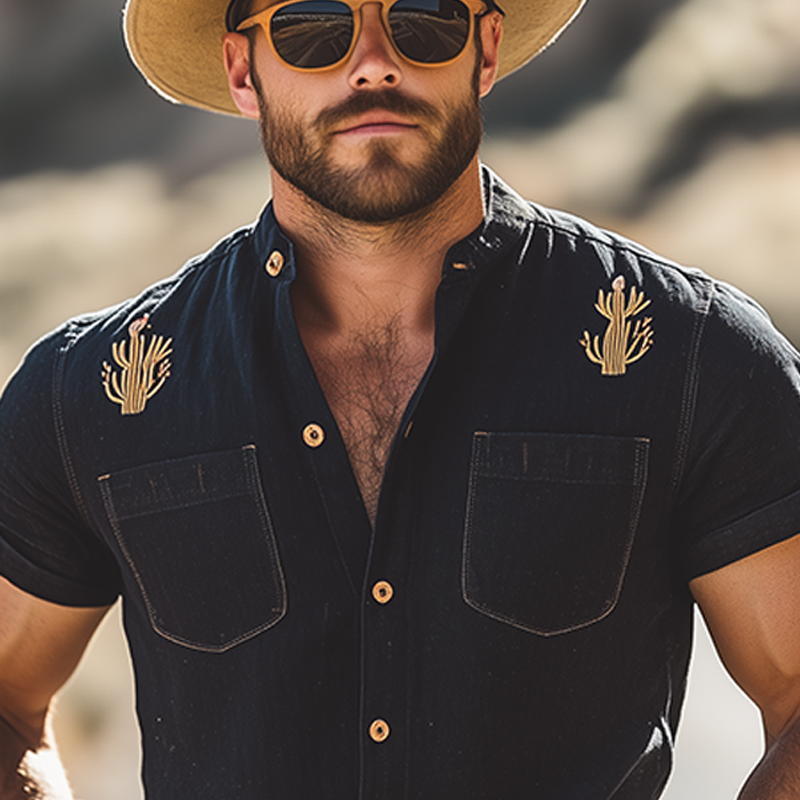 Men's Summer Casual American Retro Western Tough Black Washed Thin Denim Embroidery Slim Short-sleeved Shirt MTA1042F0K