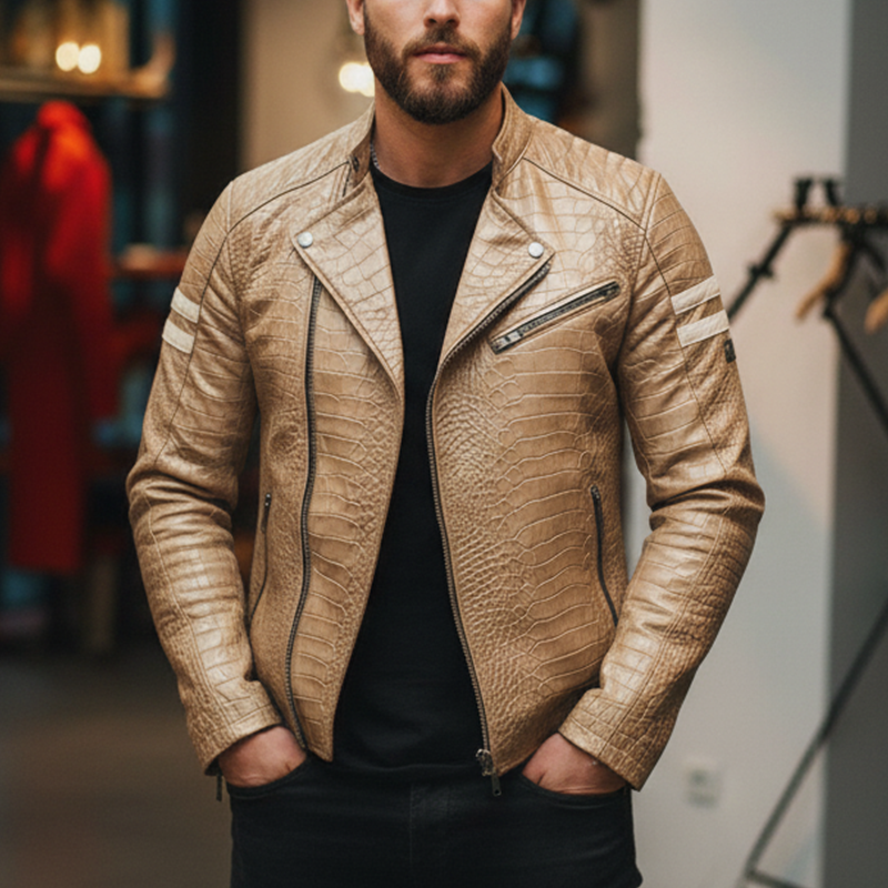 Men's Winter Fashion Crocodile Pattern PU Faux Leather Motorcycle Jacket MTA1758J5P