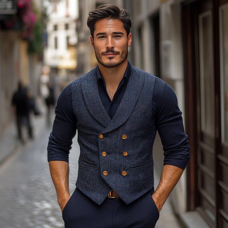 Men's Vintage Wool Blend Herringbone Shawl Collar Double-Breasted Slim-Fit Suit Vest MTA2754H1M