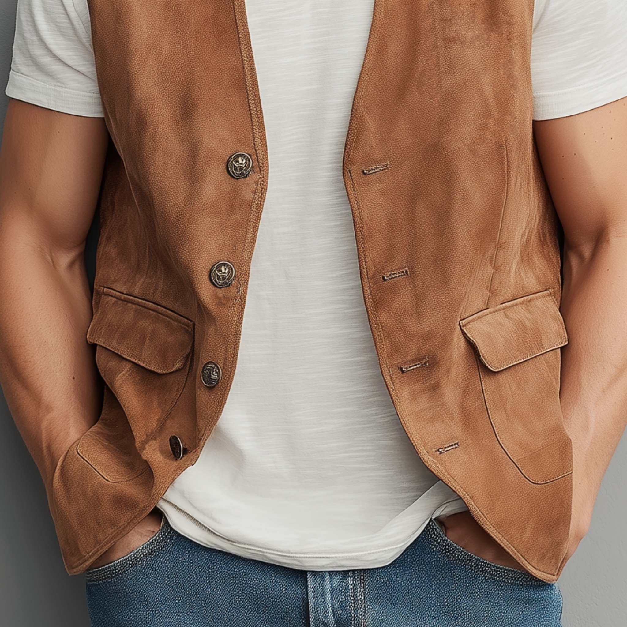 Men's Spring And Summer Casual Thin Suede Metal Button Vest MTA1891G8K