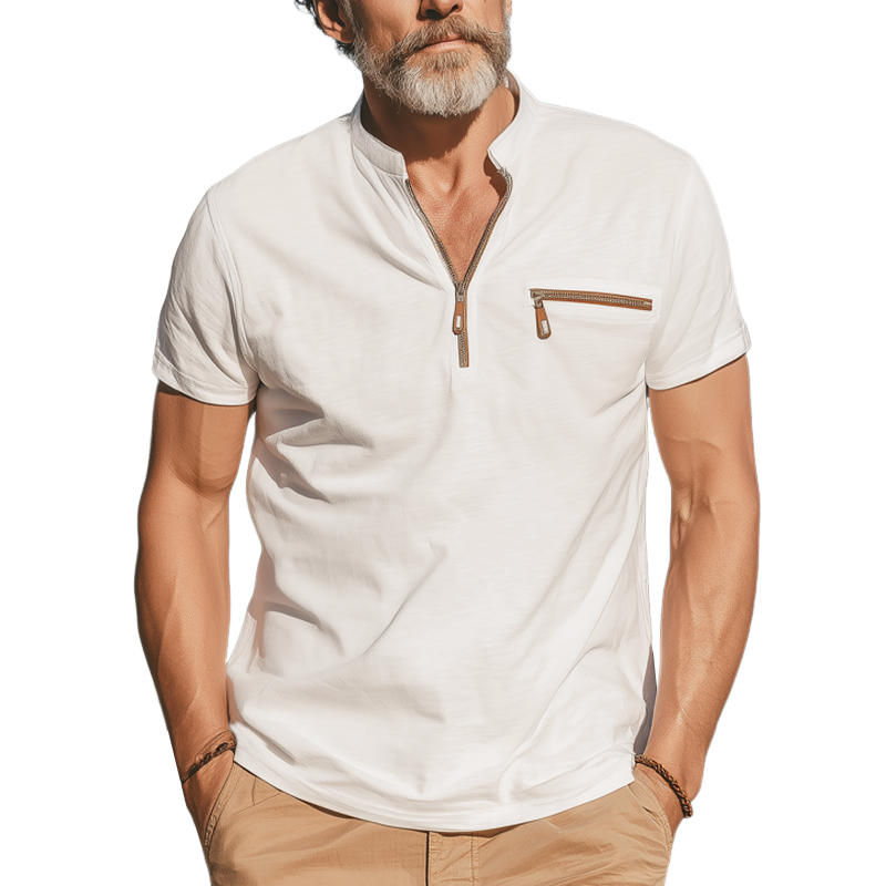 Men's Summer Classic Stand Collar Cotton Short Sleeve T-Shirt MTA0575G1U