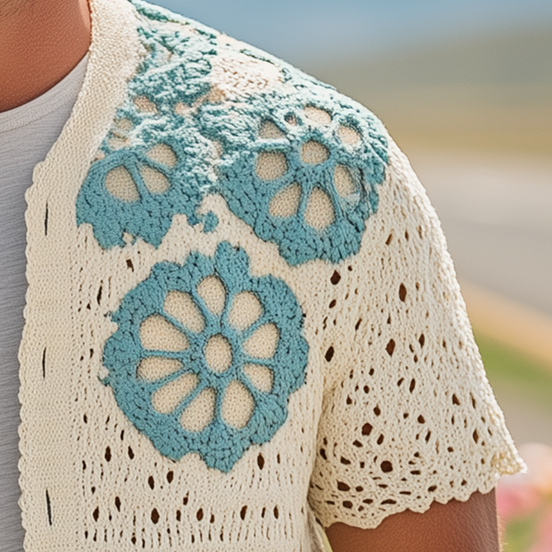 Men's Summer Fashion Casual Hollow Crochet Flower Knitted Short Sleeve Shirt MTA2768F3K