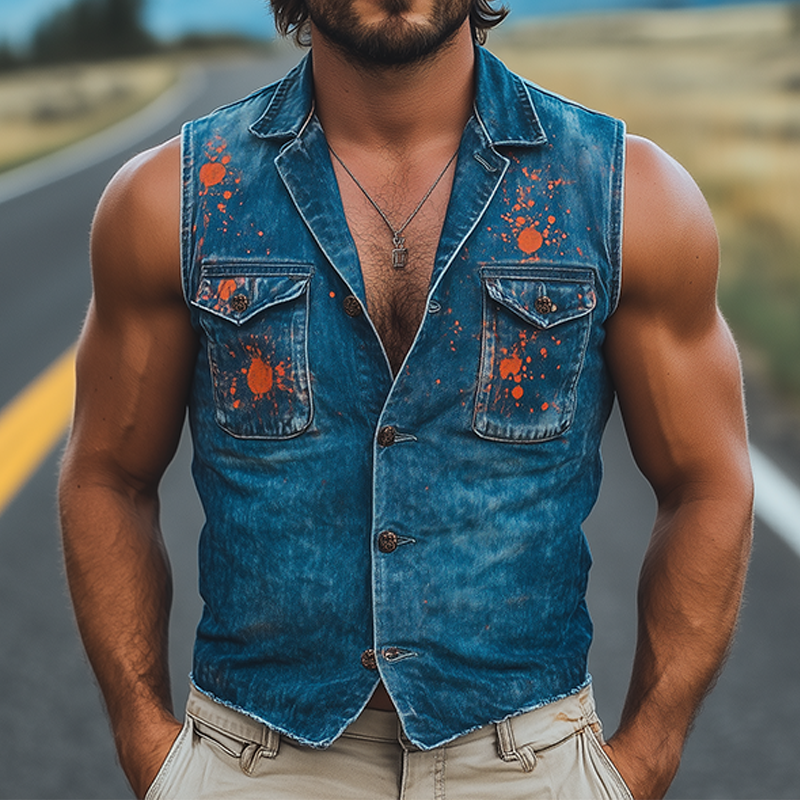 Men's Fashion Casual Washed Denim Personalized Ink Splash V-Neck Slim Vest MTA2426F5K
