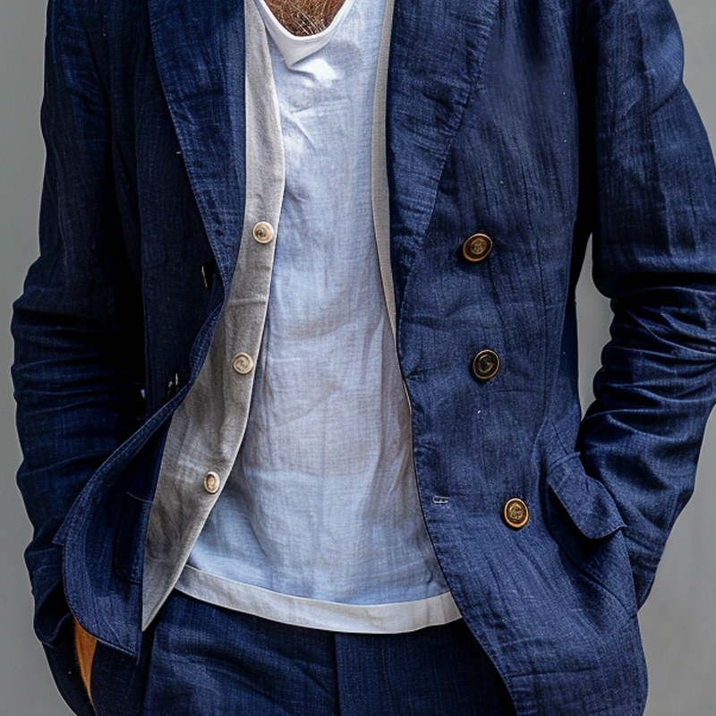 【24-Stunden-Versand】Herren-Zweireiher-Blazer aus massiver Baumwolle und Leinen mit Revers 53719048Z
