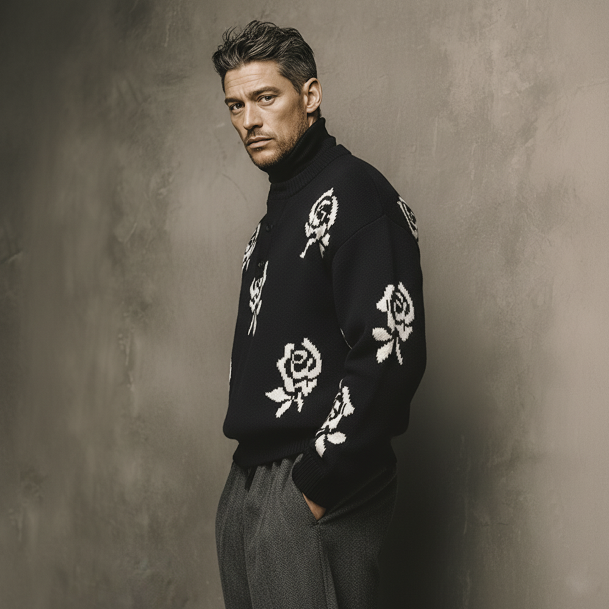 Men's Classic Old-money Style Henley Collar Rose Jacquard Loose Sweater MTA0642K3K