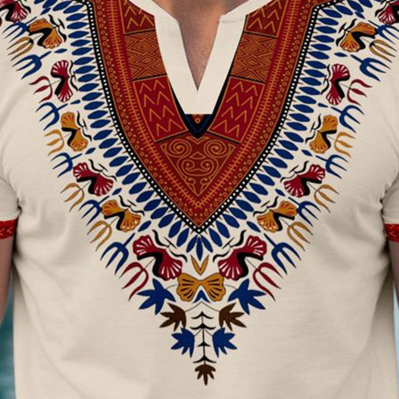 Men's Summer Ethnic Style Printed V-Neck Cotton And Linen Short-Sleeved T-Shirt MTA2213E7P
