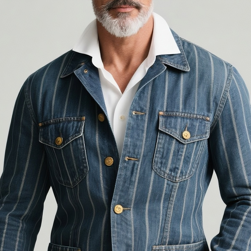 Men's Striped Denim Lapel Multi-pocket Single Breasted Jacket MTA2460G3Z