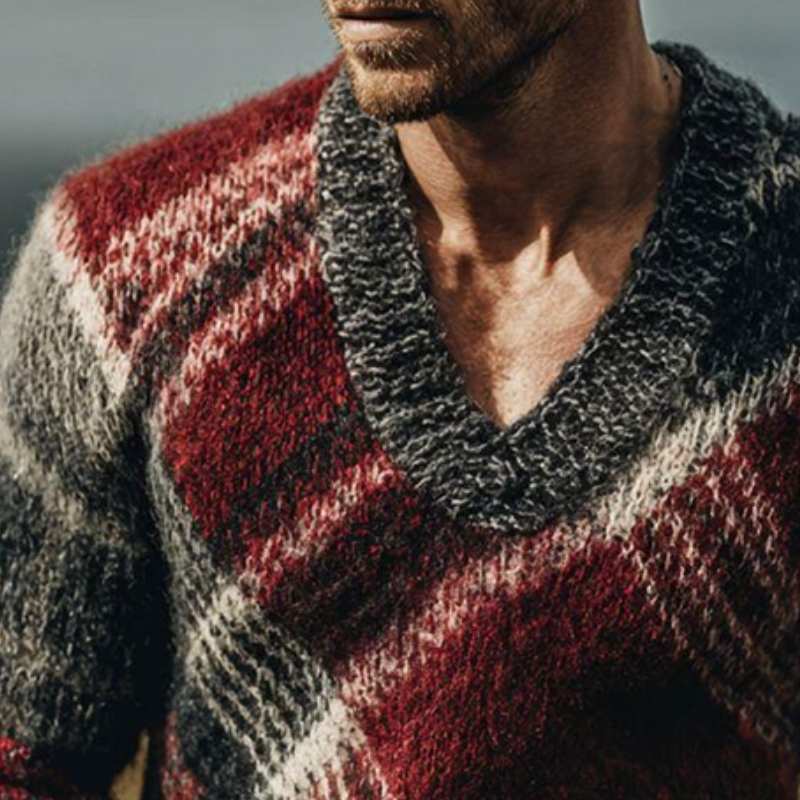 Men's Retro Casual Plaid Knit V-Neck Sweater MTA1273K6TO