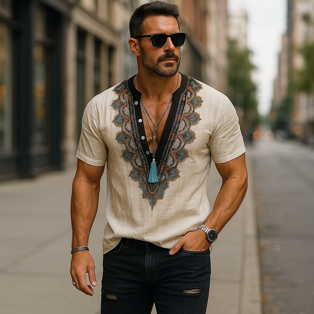 Men's Summer Fashion Embroidery Slub Linen Short Sleeve Shirt MTA1356F2P