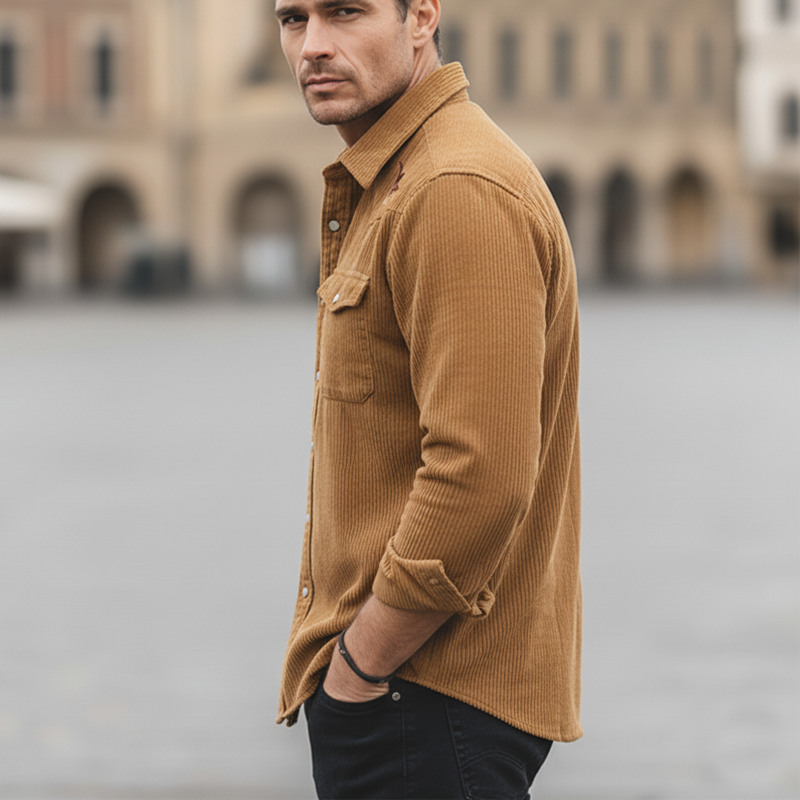Men's Classic Corduroy Embroidered Casual Long-sleeved Shirt MTZ0537A6U