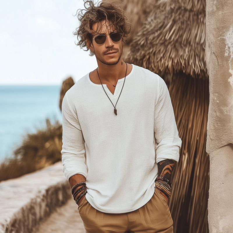 Men's Casual Solid Color Breathable Cotton Bubble Wrinkled V-neck Loose Long-sleeved T-shirt MTA0159G0M