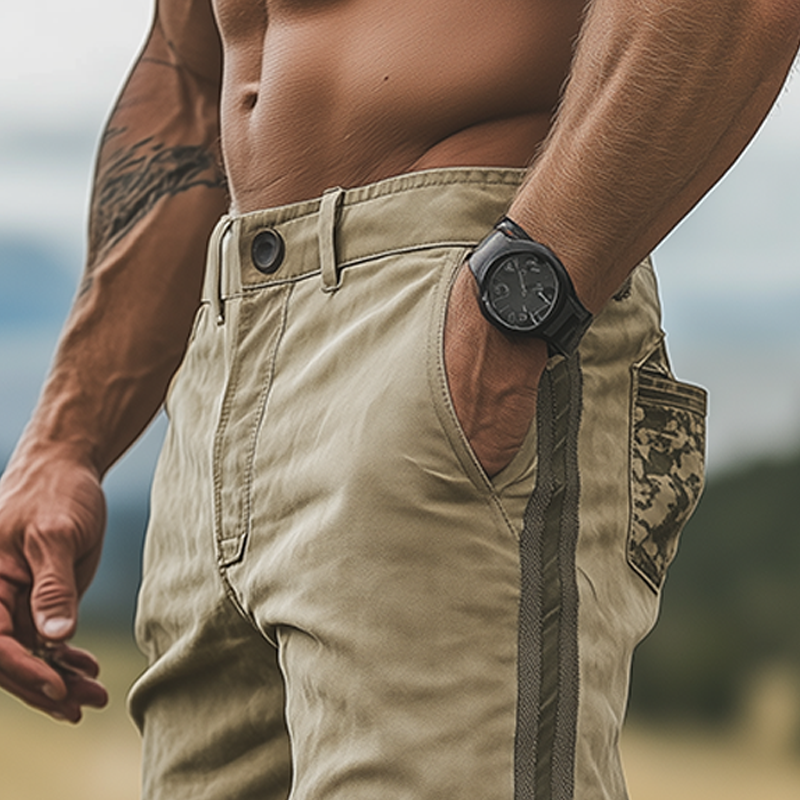 Men's Casual American Retro Western Tough Style Cotton Blend Washed Camouflage Pocket Stitching Webbing Shorts MTA0688F9K
