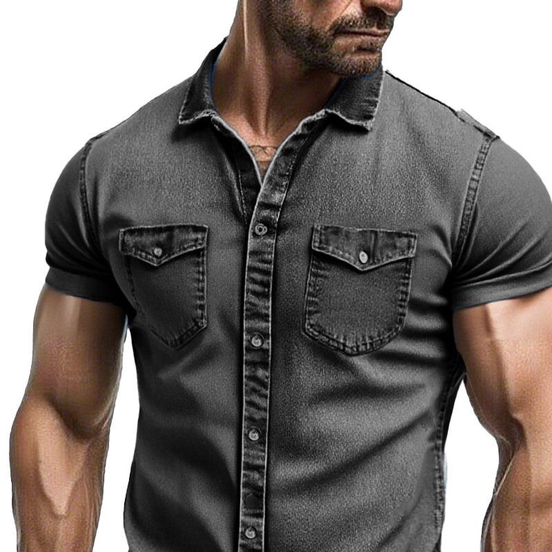 Men's Vintage Washed Short Sleeve Multi-Pocket Denim Shirt MTA2170F6X