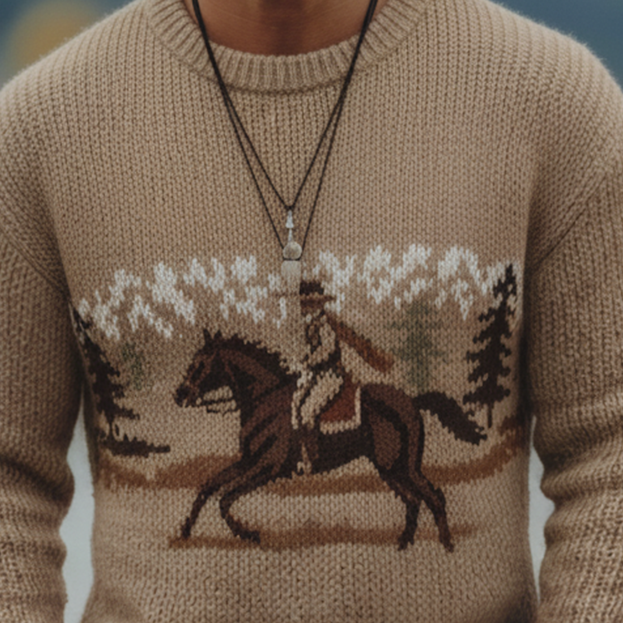 Men's Classic Retro Western Style Jacquard Crew Neck Sweater MTA3029K0K